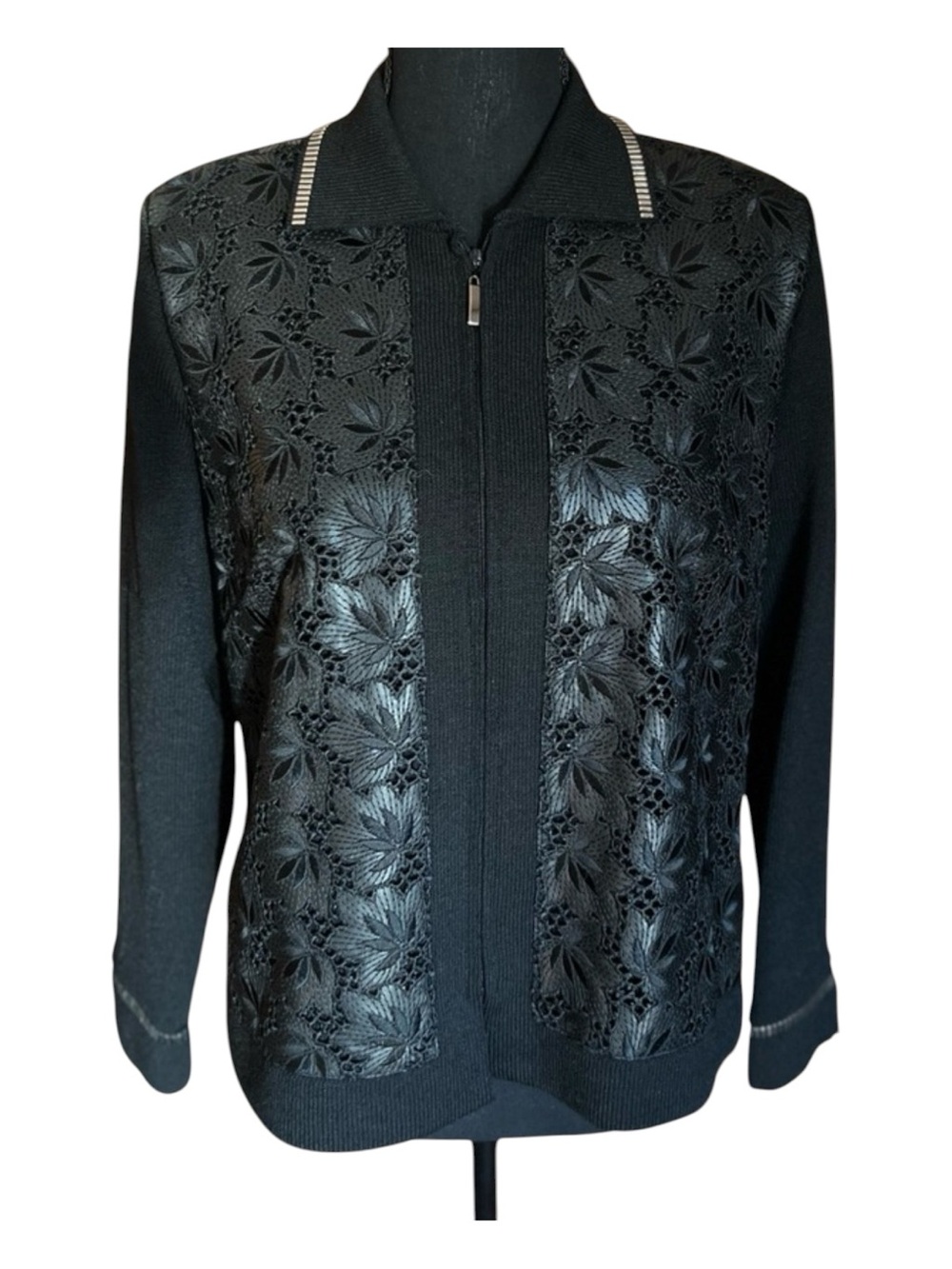 Toula Black Zip-Front Sweater Jacket with Floral Leather-like Lace Panels Sz 8